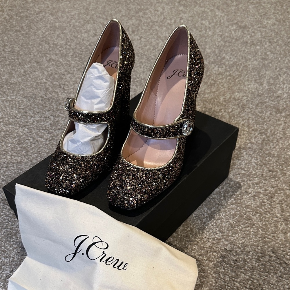 J. Crew Glitter Mary Jane Heels with Jewel-7